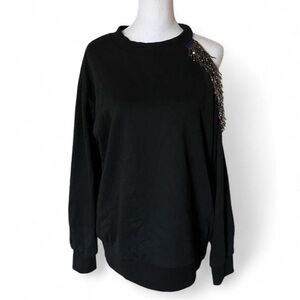 Stellah Black Beaded Cutout Shoulder Crew Neck Sweater size Large